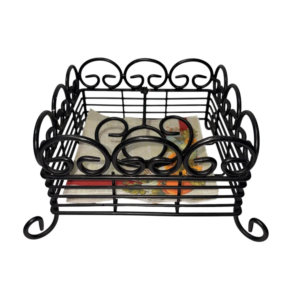 Black Wrought Iron Napkin Holder Square Scrollwork Metal Weighted Arm Farmhouse